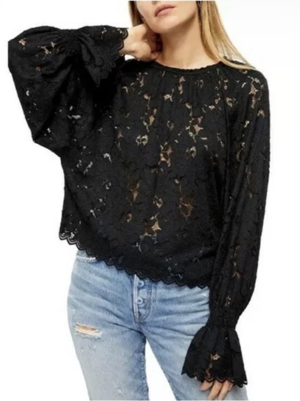 NWT! Free People Olivia lace top Blouse Black XS Long Sleeve